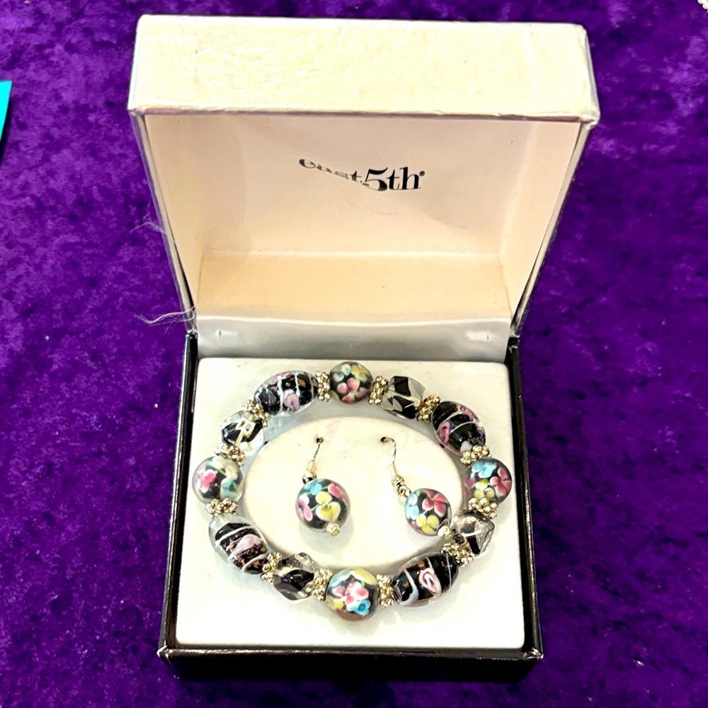 Glass Bead Bracelet and Earring Set - Black Floral Design